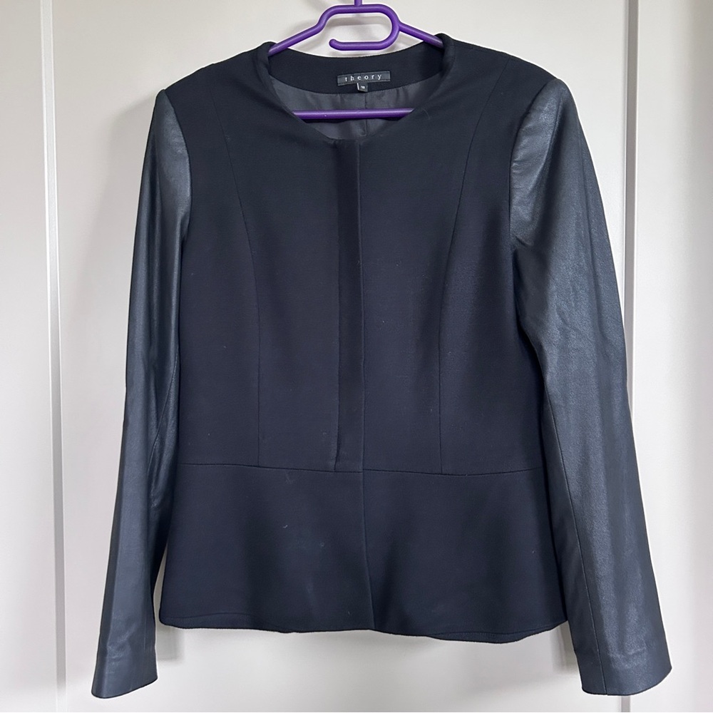 Theory Black Blazer wool w/ faux leather sleeves